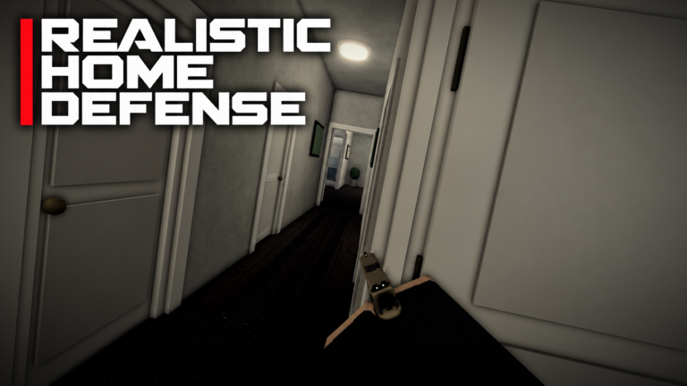 Official REALISTIC HOME DEFENSE Roblox thumbnail showing a first-person view of an indoor corridor